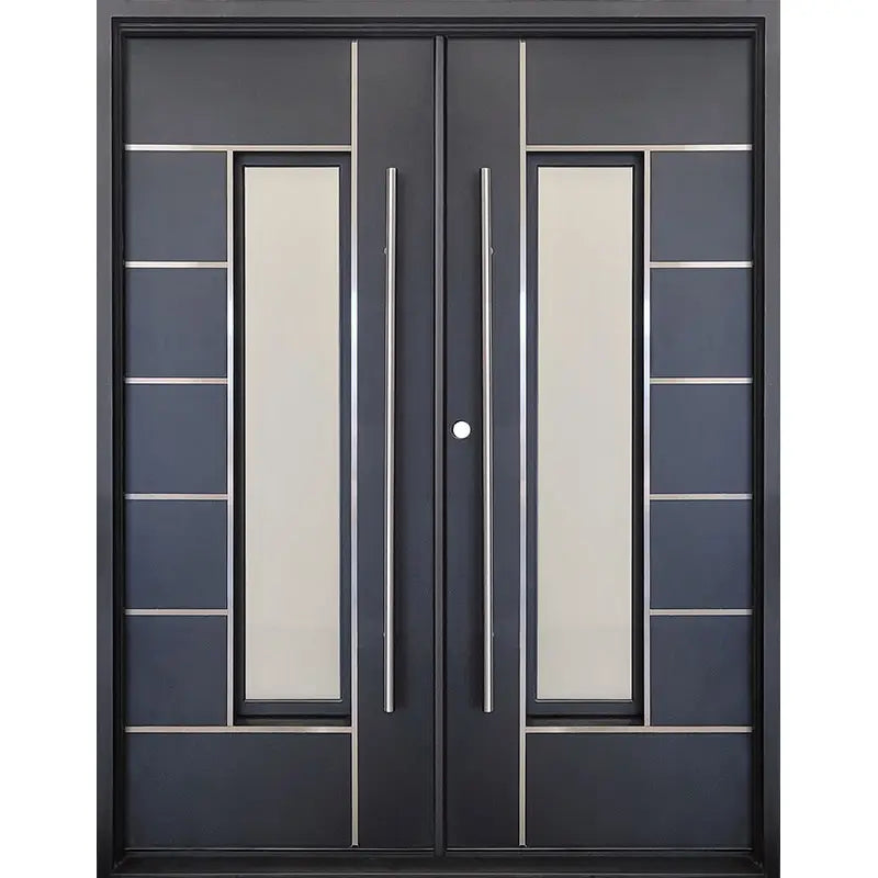 Picture Idea: Modern Black Iron Door With Vertical Glass And Metal Inlays